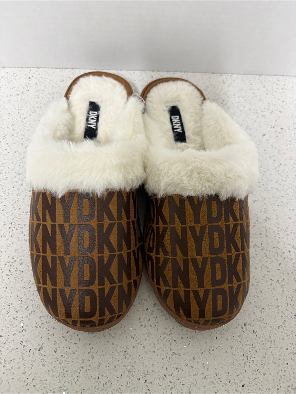 Dkny Brown Logo Faux-Fur Trim Kids Slip-On Slippers